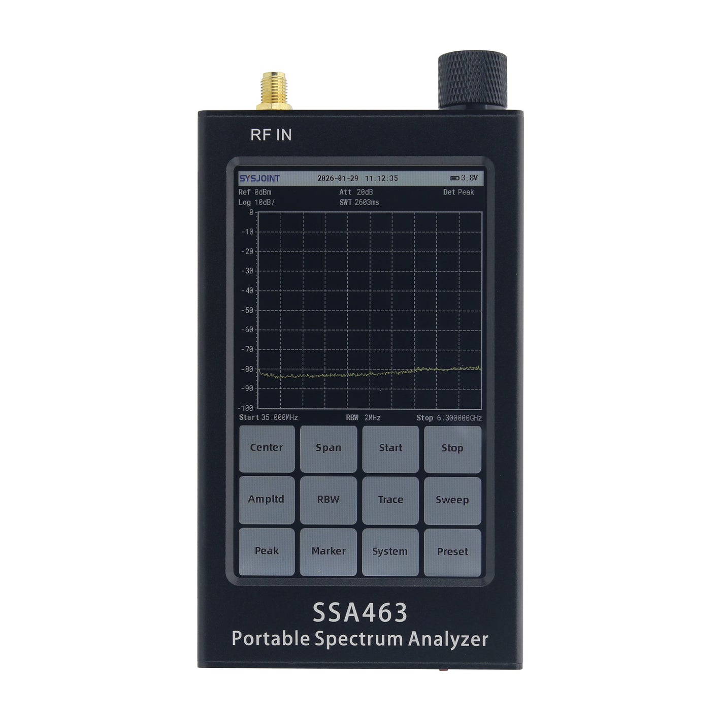 HamGeek SSA463 Portable Spectrum Analyzer 35MHz–6.3GHz High Precision with 2MHz/250kHz/15kHz RBW and 4.3" Screen